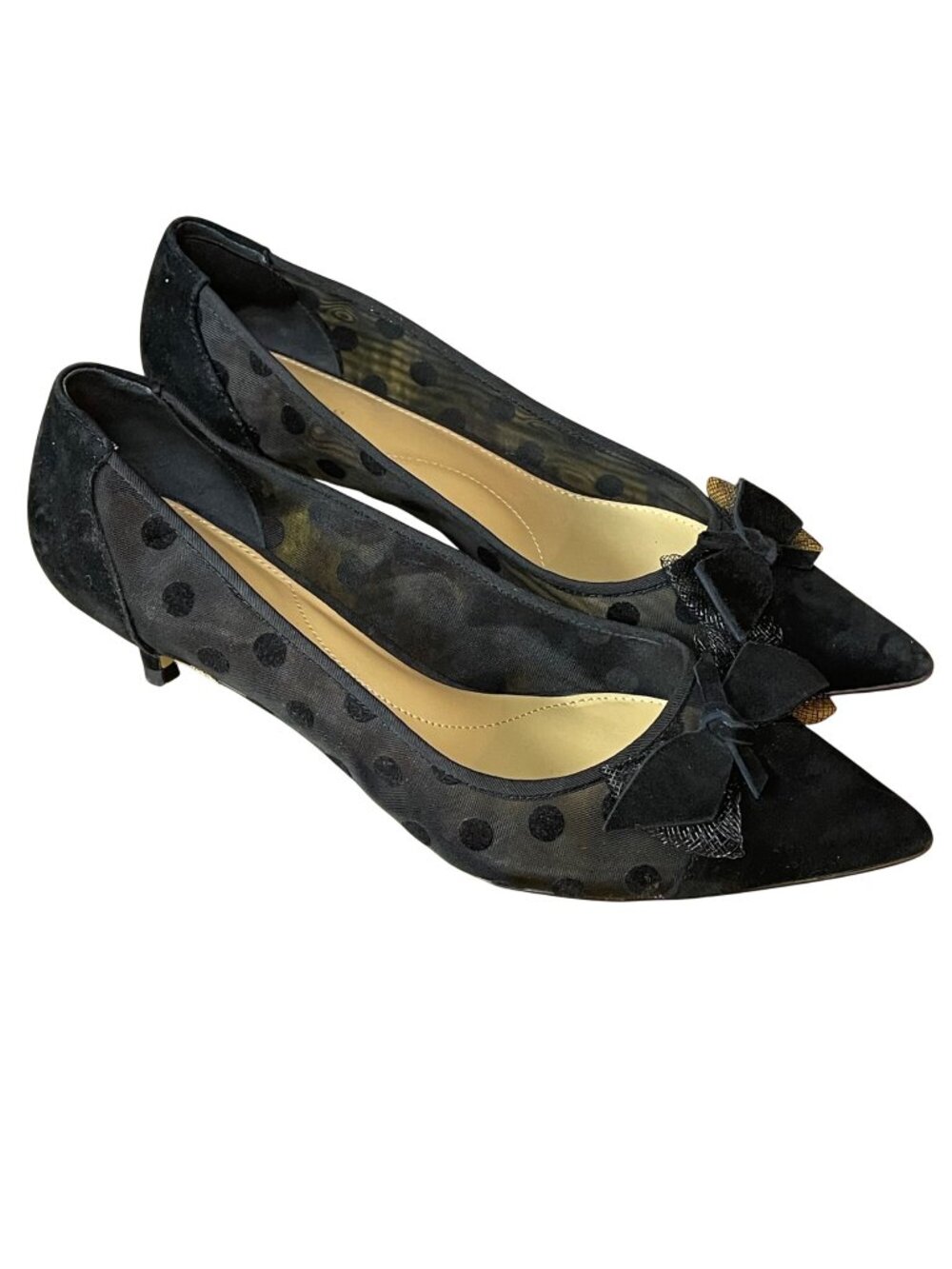 Talbots Velvet Polka Dot Mesh Sheer Bow Kitten Heels Black Sz 9